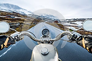 Biker First-person view, mountain pass in Norway