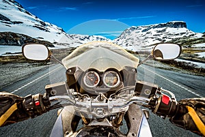 Biker First-person view, mountain pass in Norway