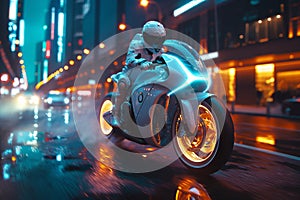 Biker on a futuristic motorcycle rides through the streets of a night city