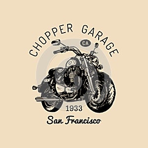 Biker garage logo. Vector hand drawn motorcycle.Vintage detailed bike illustration for custom company,chopper store etc.