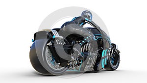 Biker girl with helmet riding a sci-fi bike, black futuristic motorcycle isolated on white background, rear view, 3D render
