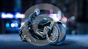Biker girl with helmet riding a sci-fi bike, woman on black futuristic motorcycle in night city street, 3D render