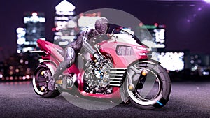 Biker girl with helmet riding a sci-fi bike, woman on red futuristic motorcycle in night city street, 3D render