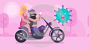 Biker and girl ride motorcycle and against COVID-19