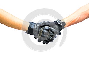 Biker gloves meet in hand shake