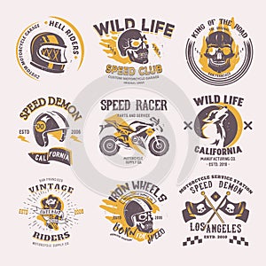 Biker logo vector rider on motorcycle or bike and speed motorcyclist racer on logotype motor emblem illustration racing