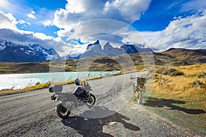 Biker on the Long Beautiful Road to the Mountains in the Torres Del Paine National Park, Chile