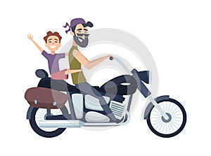 Biker on motorcycle. Father rolls son on scooter. Happy cartoon fathers weekend vector illustration