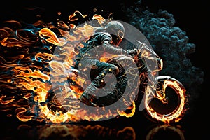 Biker on a motorcycle or motorbike on fire. Rider on a bike or chopper on flames creative concept. Ai generated