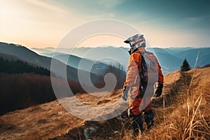 Biker on a mountain trail, waiting to go downhill while surrounded by a stunning landscape. Ai generated