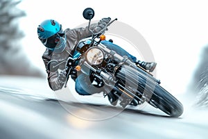 Biker performing a high-speed turn on a motorcycle photo