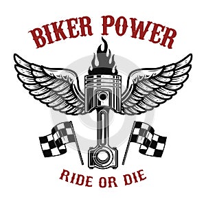 Biker power.Piston with wings on light background. Design element for logo, label, emblem,sign, badge,, t-shirt, poster. Vector il