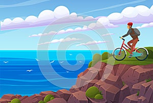 Biker in protective helmet on edge of cliff. Man with bicycle admiring sea view on mountain hill