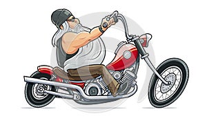 Biker ride at motorcycle. Cartoon character.