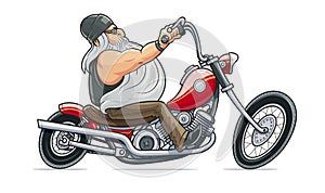 Biker ride at motorcycle. Cartoon character. photo