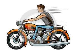 Biker rides a motorcycle. Motorbike, transport concept. Cartoon vector illustration