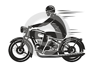 Biker rides a retro motorcycle, silhouette. Motorsport, motorbike concept. Vector illustration