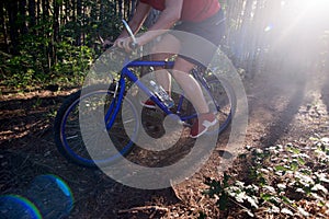 Biker riding his bike on a dirt trail through the woods, Xtreme cycling