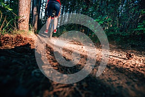 Biker riding his bike on a dirt trail through the woods, Xtreme cycling