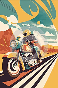 Biker riding motorcycle on the highway. Cornering or turning bike retro vector illustration photo