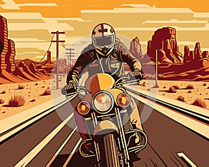 Biker riding motorcycle on the highway. Cornering or turning bike retro vector illustration