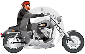 Biker riding Motorcycle, modified custom bike chopper realistic vector illustration