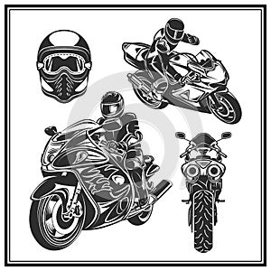 Biker riding a motorcycle set. Bikers event or festival emblem.