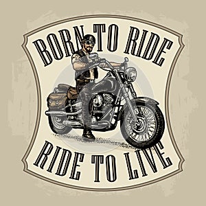 Biker riding a motorcycle. Vector engraved illustration