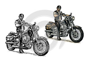 Biker riding a motorcycle. Vector engraved illustration