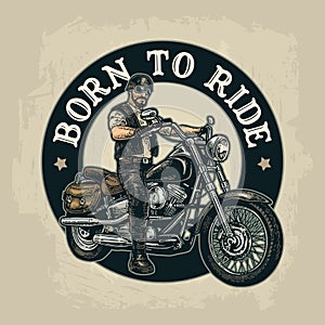 Biker riding a motorcycle. Vector engraved illustration
