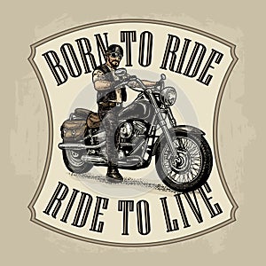 Biker riding a motorcycle. Vector engraved illustration photo