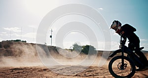 Biker, sand or person spinning motorbike in outdoor training or celebration for extreme sports or success in desert