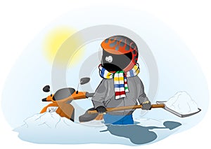 Biker with a scooter in the snow