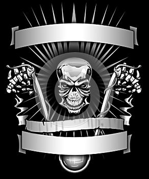 Biker skeleton riding motorcycle with banners graphic