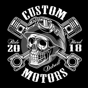 Biker skull with crossed pistons t-shirt design monochrome