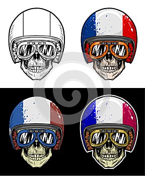 Biker Skull Wearing Goggles and Grunge France Flag Helmet, Hand Drawing Skull