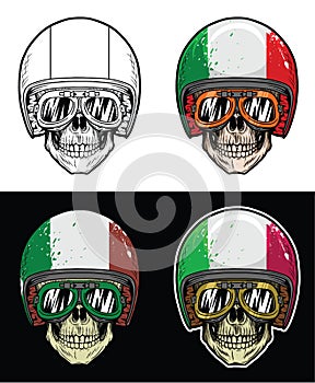 Biker Skull Wearing Goggles and Grunge Italy Flag Helmet, Hand Drawing Skull