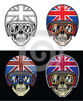 Biker Skull Wearing Goggles and Grunge Uk Flag Helmet, Hand Drawing Skull