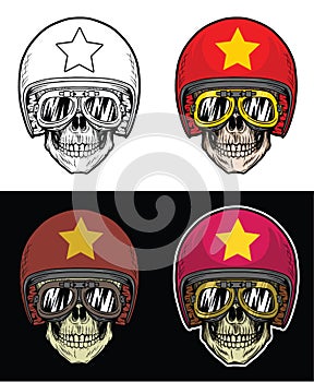 Biker Skull Wearing Goggles and Grunge Vietnam Flag Helmet, Hand Drawing Skull