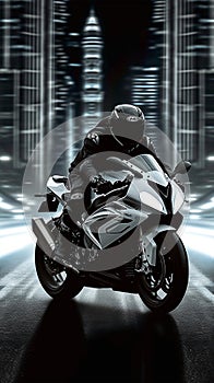 Biker speed, sports bike on white black background, adrenaline rush