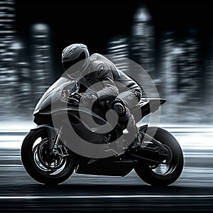 Biker on sports bike, white and black background, intense speed