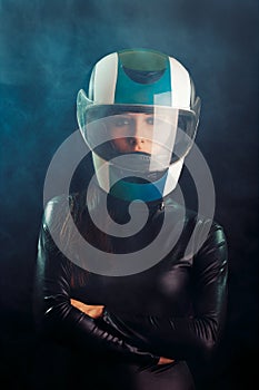 Biker Woman with Helmet and Leather Outfit Portrait