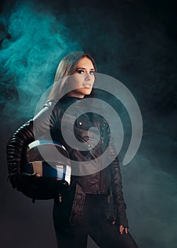 Biker Woman with Helmet and Leather Outfit Portrait