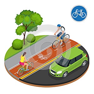 Bikers in city. Cycling on bike path. Bicycle road sign and bike riders. Flat 3d vector isometric illustration. People