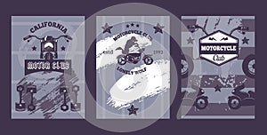 Bikers club banners with motorcycle silhouette, vector illustration. Grunge retro style poster with icons and brush