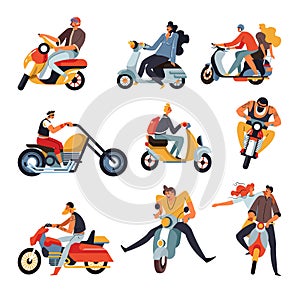 Bikers or motorbike racers on motorcycles and mopeds or sportbikes, isolated characters