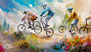 Bikers race down a flower-lined trail, showcasing speed and the vibrancy of nature