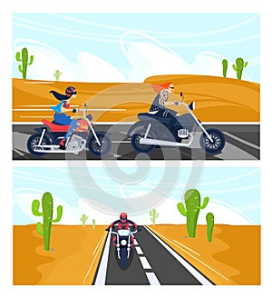 Bikers ride motorcycle vector illustration set, cartoon motorcyclist people riding motorbikes on asphalt road in desert