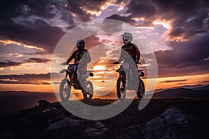 Bikers with their motocross bikes looking at atardecer photo