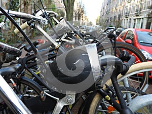 Bikes in a bicycle stand in Amsterdam, the Netherlands